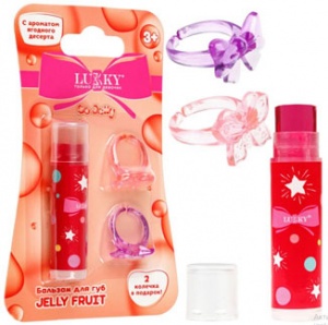 Т27258 Lukky Jelly Fruit,бальзам для губ детский,цв.красн.,3,4гр,2 колечка, ягодный десерт,блистер