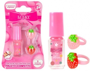 Т27254 Lukky Fruity Confetti Лак д.ногтей peel off с блёстками,3,5мл,роз.,аромат клубники,2 колечка,