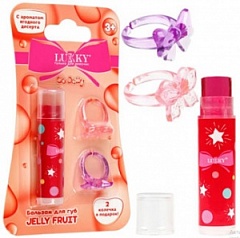 Т27258 Lukky Jelly Fruit,бальзам для губ детский,цв.красн.,3,4гр,2 колечка, ягодный десерт,блистер