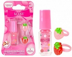 Т27254 Lukky Fruity Confetti Лак д.ногтей peel off с блёстками,3,5мл,роз.,аромат клубники,2 колечка,